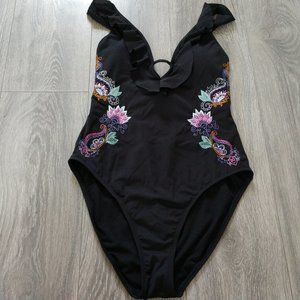 Gibson Latimer Embroidered Ruffled Plunge V Neck One Piece Swimsuit